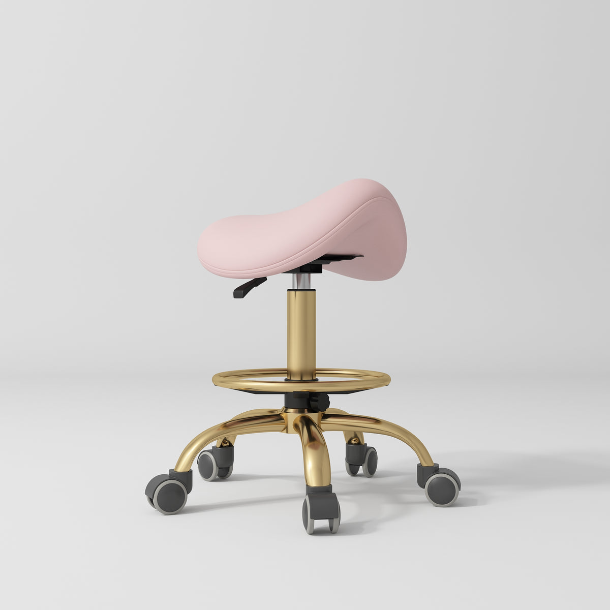 Manufakturo Selle Ergonomic Beauty Saddle Stool Bare Blush - Gold Base - close-up of the upholstery and construction details