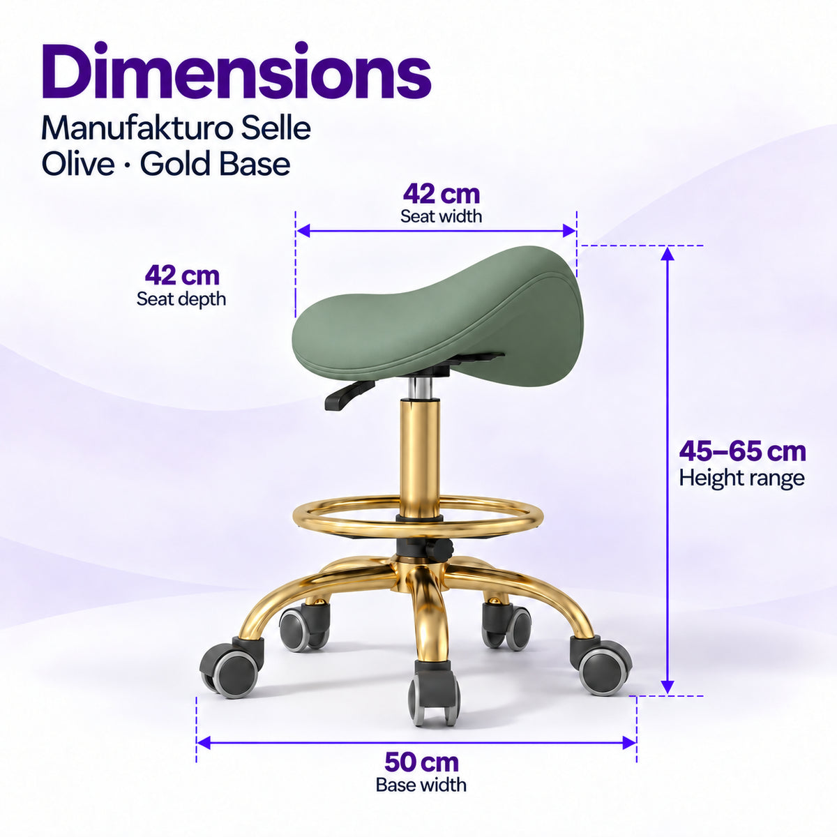 Manufakturo Selle Olive Gold Base saddle stool dimensions: 42 x 42 cm seat, 45–65 cm height range and 50 cm base width.