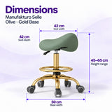 Manufakturo Selle Olive Gold Base saddle stool dimensions: 42 x 42 cm seat, 45–65 cm height range and 50 cm base width.