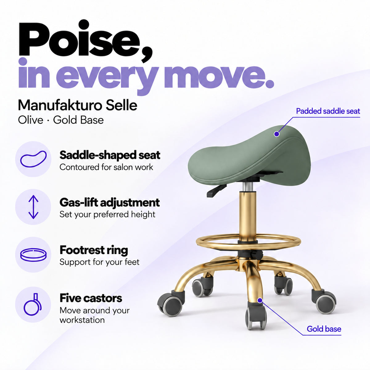 Manufakturo Selle Olive Gold Base saddle stool with gas-lift adjustment, footrest ring and five castors.