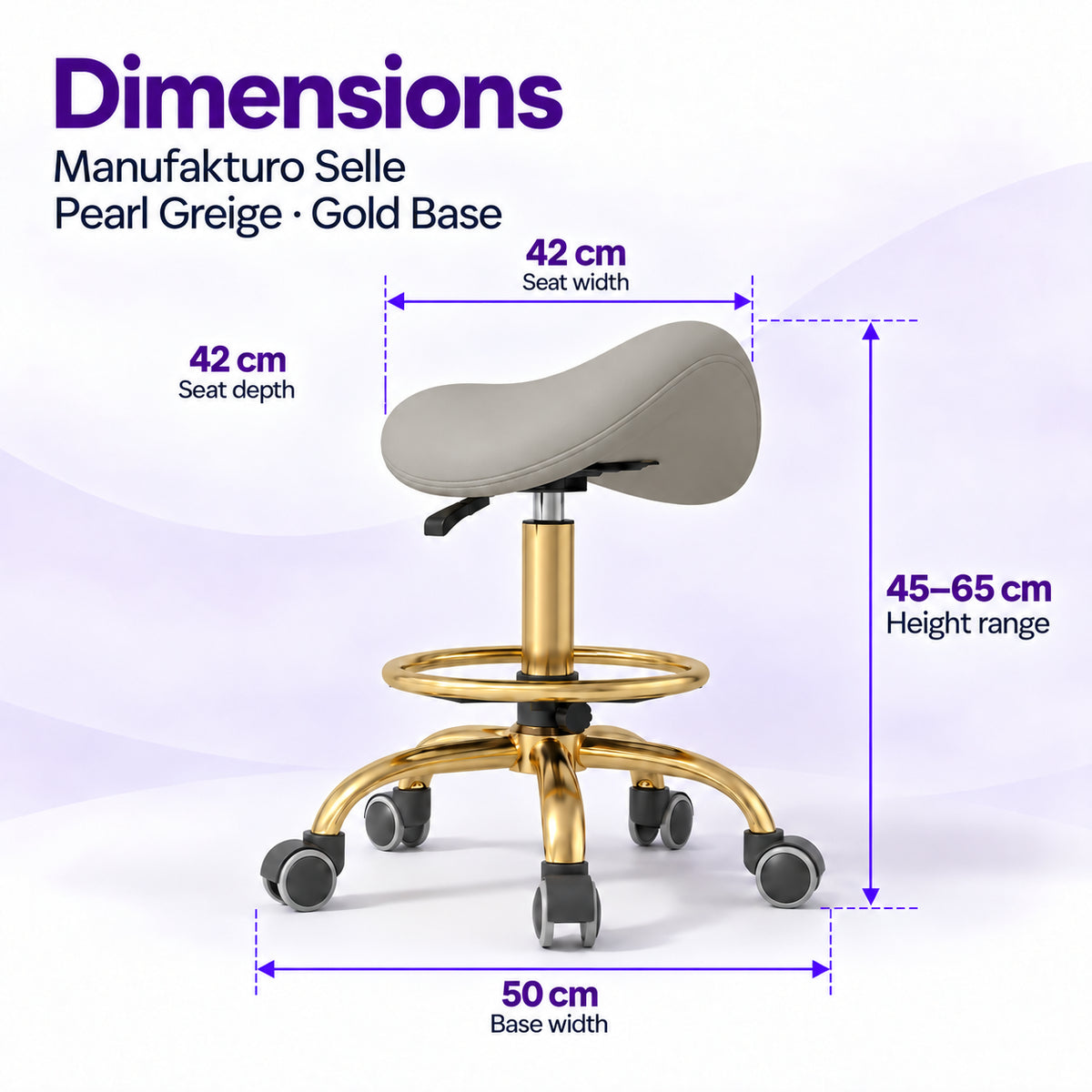 Manufakturo Selle Pearl Greige Gold Base saddle stool dimensions: 42 x 42 cm seat, 45–65 cm height range and 50 cm base width.