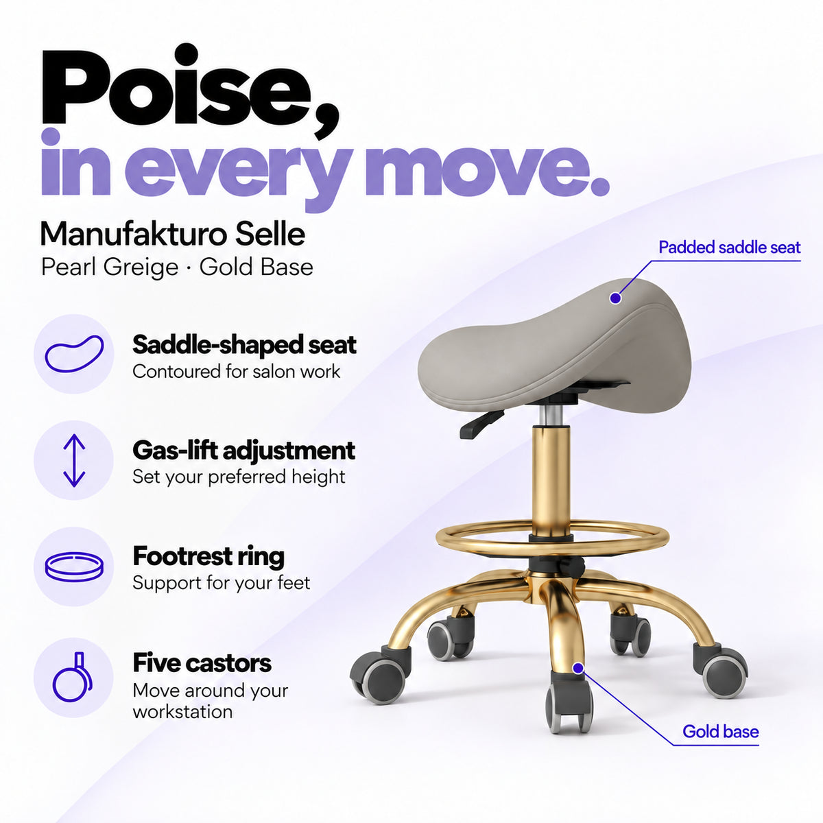 Manufakturo Selle Pearl Greige Gold Base saddle stool with gas-lift adjustment, footrest ring and five castors.