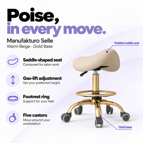 Manufakturo Selle Warm Beige Gold Base saddle stool with gas-lift adjustment, footrest ring and five castors.