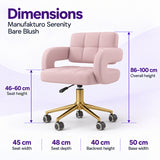 Manufakturo Serenity Bare Blush salon chair dimensions: seat height 46 to 60 cm, overall height 86 to 100 cm, seat width 45 cm, seat depth 48 cm, backrest height 40 cm and base width 50 cm.