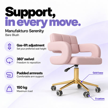 Manufakturo Serenity Bare Blush salon chair with gas-lift height adjustment, 360-degree swivel, padded armrests, gold base, five castors and 150 kg maximum load.