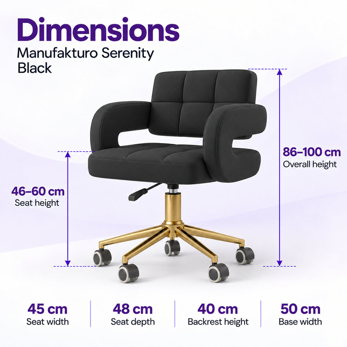 Manufakturo Serenity Black salon chair dimensions: seat height 46 to 60 cm, overall height 86 to 100 cm, seat width 45 cm, seat depth 48 cm, backrest height 40 cm and base width 50 cm.