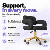 Manufakturo Serenity Black salon chair with gas-lift height adjustment, 360-degree swivel, padded armrests, gold base, five castors and 150 kg maximum load.