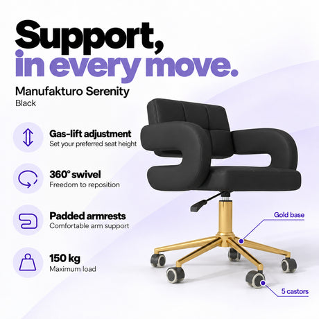 Manufakturo Serenity Black salon chair with gas-lift height adjustment, 360-degree swivel, padded armrests, gold base, five castors and 150 kg maximum load.