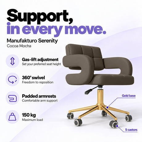 Manufakturo Serenity Cocoa Mocha salon chair with gas-lift height adjustment, 360-degree swivel, padded armrests, gold base, five castors and 150 kg maximum load.