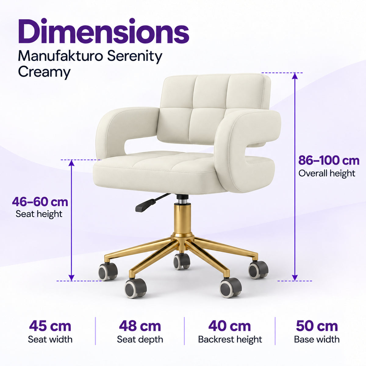 Manufakturo Serenity Creamy salon chair dimensions: seat height 46 to 60 cm, overall height 86 to 100 cm, seat width 45 cm, seat depth 48 cm, backrest height 40 cm and base width 50 cm.