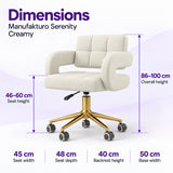 Manufakturo Serenity Creamy salon chair dimensions: seat height 46 to 60 cm, overall height 86 to 100 cm, seat width 45 cm, seat depth 48 cm, backrest height 40 cm and base width 50 cm.