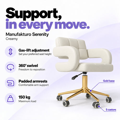 Manufakturo Serenity Creamy salon chair with gas-lift height adjustment, 360-degree swivel, padded armrests, gold base, five castors and 150 kg maximum load.