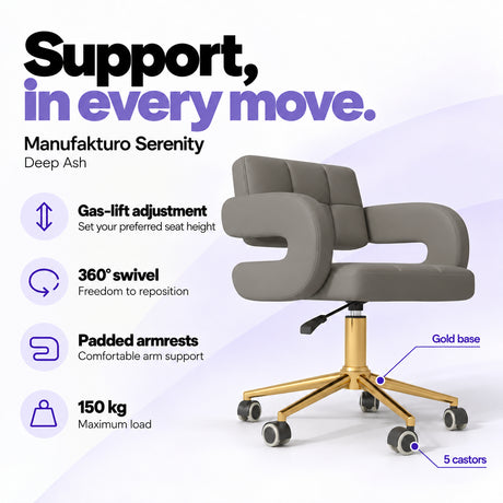 Manufakturo Serenity Deep Ash salon chair with gas-lift height adjustment, 360-degree swivel, padded armrests, gold base, five castors and 150 kg maximum load.