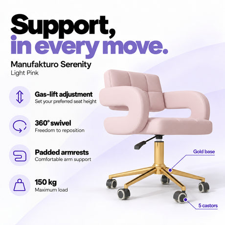 Manufakturo Serenity Light Pink salon chair with gas-lift height adjustment, 360-degree swivel, padded armrests, gold base, five castors and 150 kg maximum load.