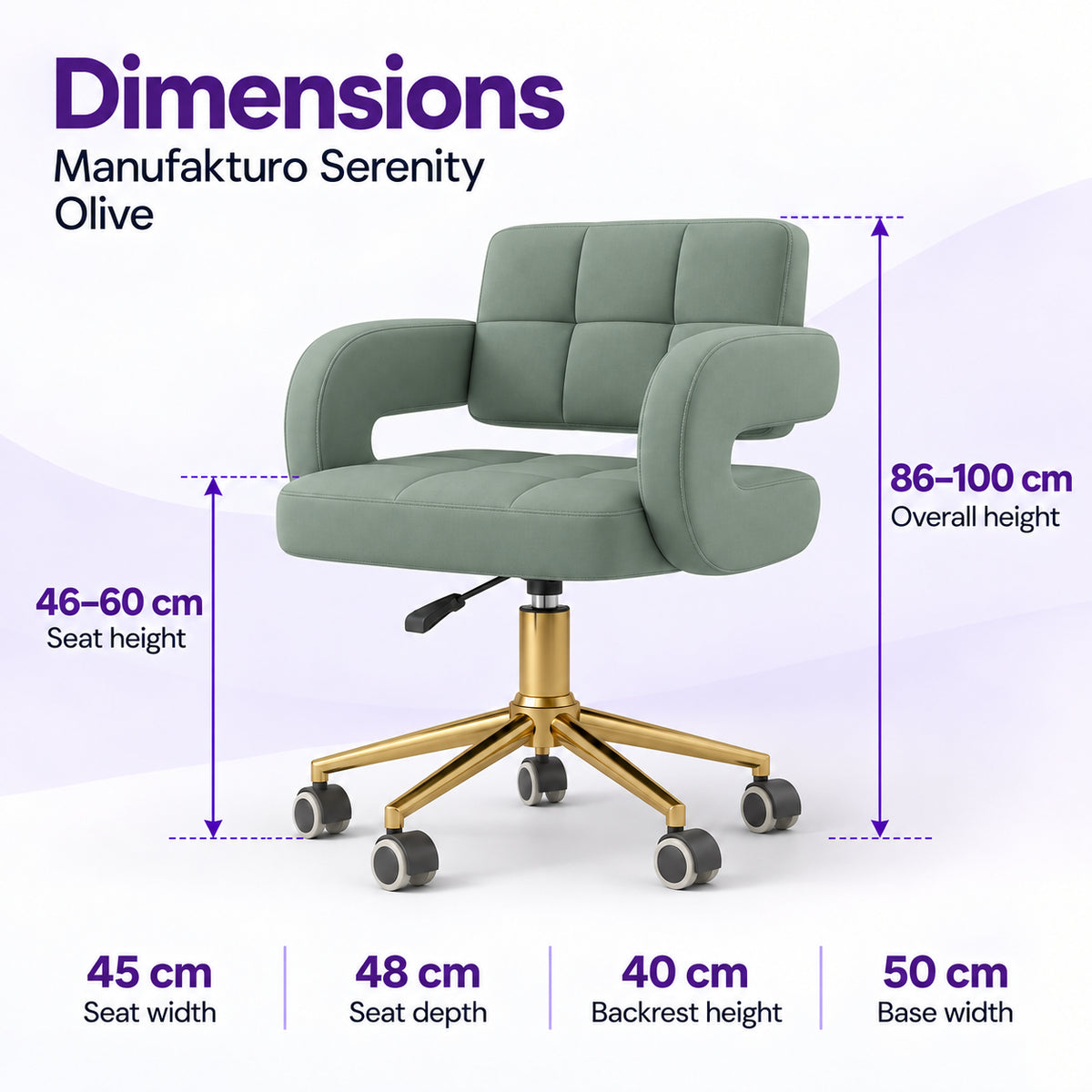 Manufakturo Serenity Olive salon chair dimensions: seat height 46 to 60 cm, overall height 86 to 100 cm, seat width 45 cm, seat depth 48 cm, backrest height 40 cm and base width 50 cm.