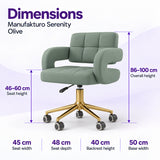 Manufakturo Serenity Olive salon chair dimensions: seat height 46 to 60 cm, overall height 86 to 100 cm, seat width 45 cm, seat depth 48 cm, backrest height 40 cm and base width 50 cm.