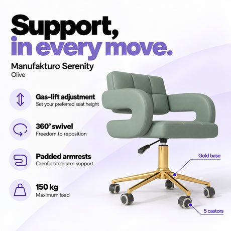 Manufakturo Serenity Olive salon chair with gas-lift height adjustment, 360-degree swivel, padded armrests, gold base, five castors and 150 kg maximum load.