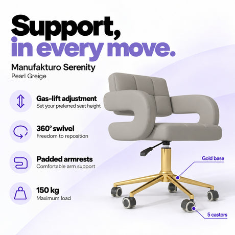 Manufakturo Serenity Pearl Greige salon chair with gas-lift height adjustment, 360-degree swivel, padded armrests, gold base, five castors and 150 kg maximum load.