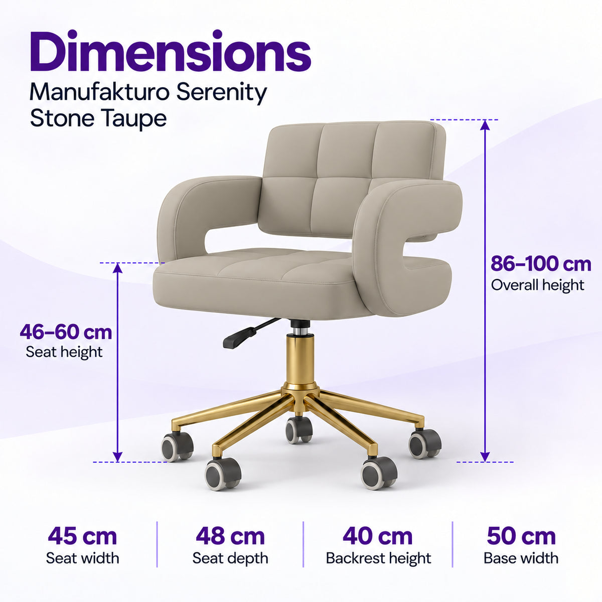 Manufakturo Serenity Stone Taupe salon chair dimensions: seat height 46 to 60 cm, overall height 86 to 100 cm, seat width 45 cm, seat depth 48 cm, backrest height 40 cm and base width 50 cm.