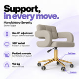 Manufakturo Serenity Stone Taupe salon chair with gas-lift height adjustment, 360-degree swivel, padded armrests, gold base, five castors and 150 kg maximum load.