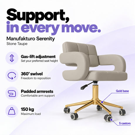 Manufakturo Serenity Stone Taupe salon chair with gas-lift height adjustment, 360-degree swivel, padded armrests, gold base, five castors and 150 kg maximum load.