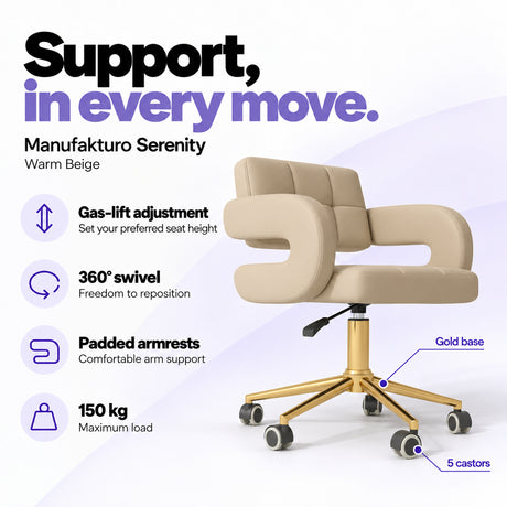 Manufakturo Serenity Warm Beige salon chair with gas-lift height adjustment, 360-degree swivel, padded armrests, gold base, five castors and 150 kg maximum load.