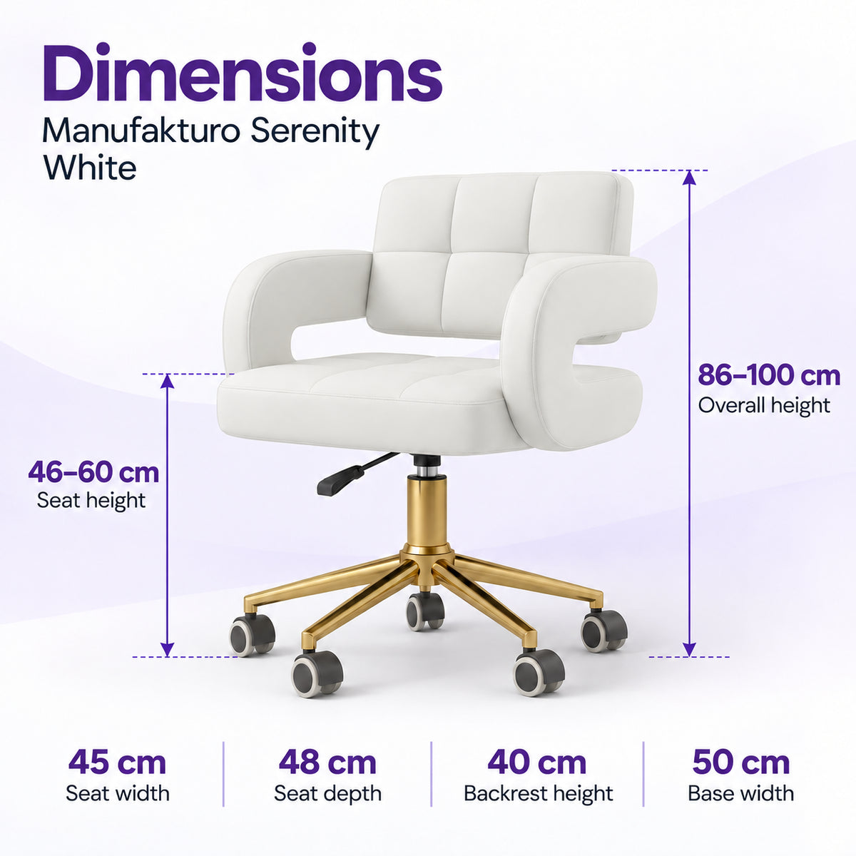 Manufakturo Serenity White salon chair dimensions: seat height 46 to 60 cm, overall height 86 to 100 cm, seat width 45 cm, seat depth 48 cm, backrest height 40 cm and base width 50 cm.