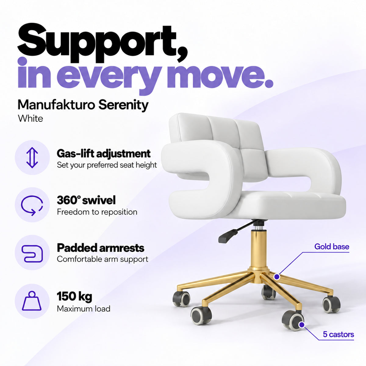 Manufakturo Serenity White salon chair with gas-lift height adjustment, 360-degree swivel, padded armrests, gold base, five castors and 150 kg maximum load.