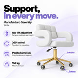 Manufakturo Serenity White salon chair with gas-lift height adjustment, 360-degree swivel, padded armrests, gold base, five castors and 150 kg maximum load.