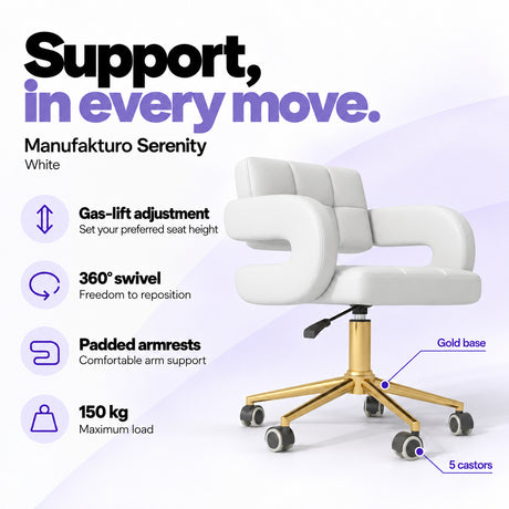 Manufakturo Serenity White salon chair with gas-lift height adjustment, 360-degree swivel, padded armrests, gold base, five castors and 150 kg maximum load.