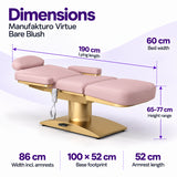 Manufakturo Virtue Bare Blush beauty bed dimensions: 190 cm lying length, 60 cm bed width, 65-77 cm height range, 86 cm width including armrests, 100 x 52 cm base footprint and 52 cm armrest length.