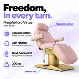Manufakturo Virtue Bare Blush electric beauty bed with 3 electric motors for height, backrest and leg rest adjustment, 360-degree rotation with a foot-operated lock, hand-held control and 300 kg maximum load.