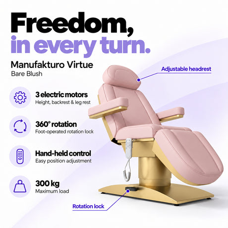 Manufakturo Virtue Bare Blush electric beauty bed with 3 electric motors for height, backrest and leg rest adjustment, 360-degree rotation with a foot-operated lock, hand-held control and 300 kg maximum load.