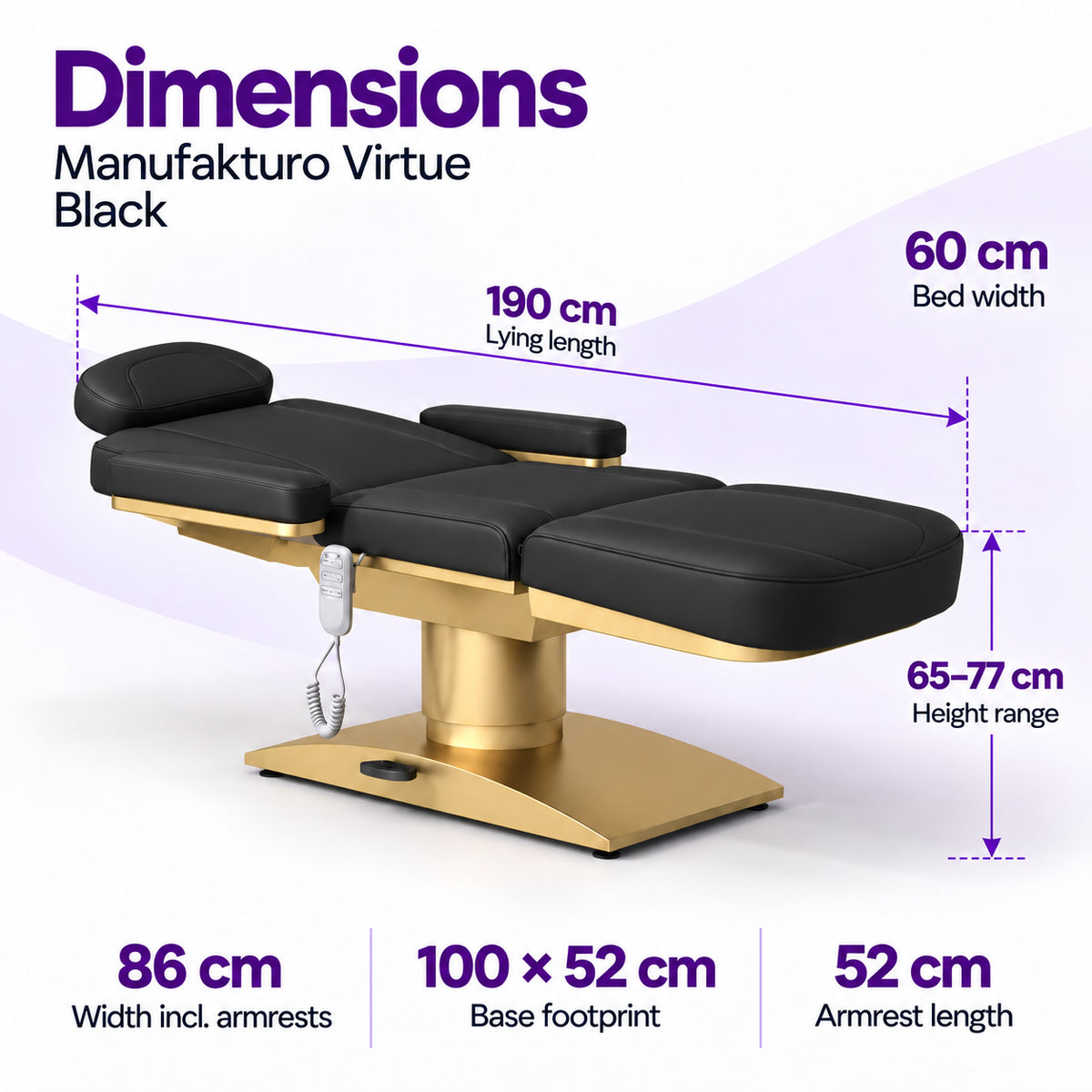 Manufakturo Virtue Black beauty bed dimensions: 190 cm lying length, 60 cm bed width, 65-77 cm height range, 86 cm width including armrests, 100 x 52 cm base footprint and 52 cm armrest length.