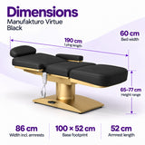 Manufakturo Virtue Black beauty bed dimensions: 190 cm lying length, 60 cm bed width, 65-77 cm height range, 86 cm width including armrests, 100 x 52 cm base footprint and 52 cm armrest length.