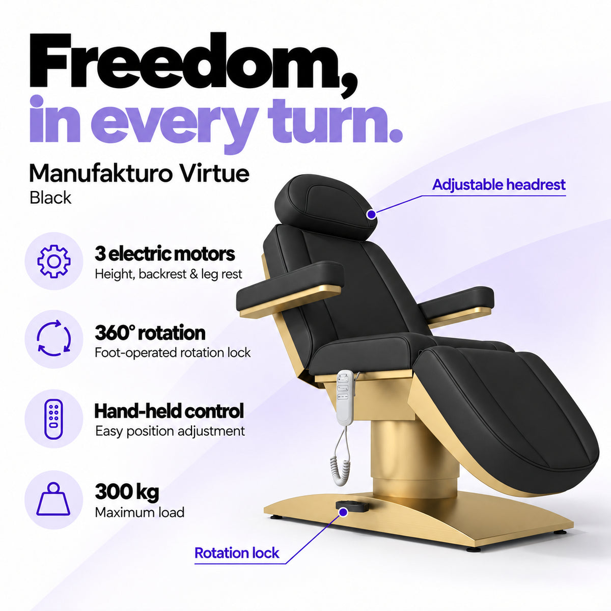 Manufakturo Virtue Black electric beauty bed with 3 electric motors for height, backrest and leg rest adjustment, 360-degree rotation with a foot-operated lock, hand-held control and 300 kg maximum load.