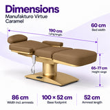 Manufakturo Virtue Caramel beauty bed dimensions: 190 cm lying length, 60 cm bed width, 65-77 cm height range, 86 cm width including armrests, 100 x 52 cm base footprint and 52 cm armrest length.