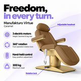Manufakturo Virtue Caramel electric beauty bed with 3 electric motors for height, backrest and leg rest adjustment, 360-degree rotation with a foot-operated lock, hand-held control and 300 kg maximum load.