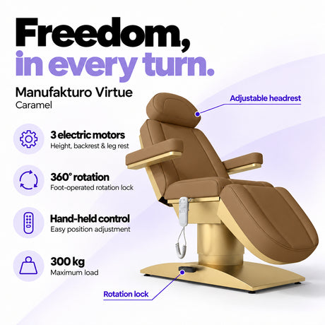 Manufakturo Virtue Caramel electric beauty bed with 3 electric motors for height, backrest and leg rest adjustment, 360-degree rotation with a foot-operated lock, hand-held control and 300 kg maximum load.