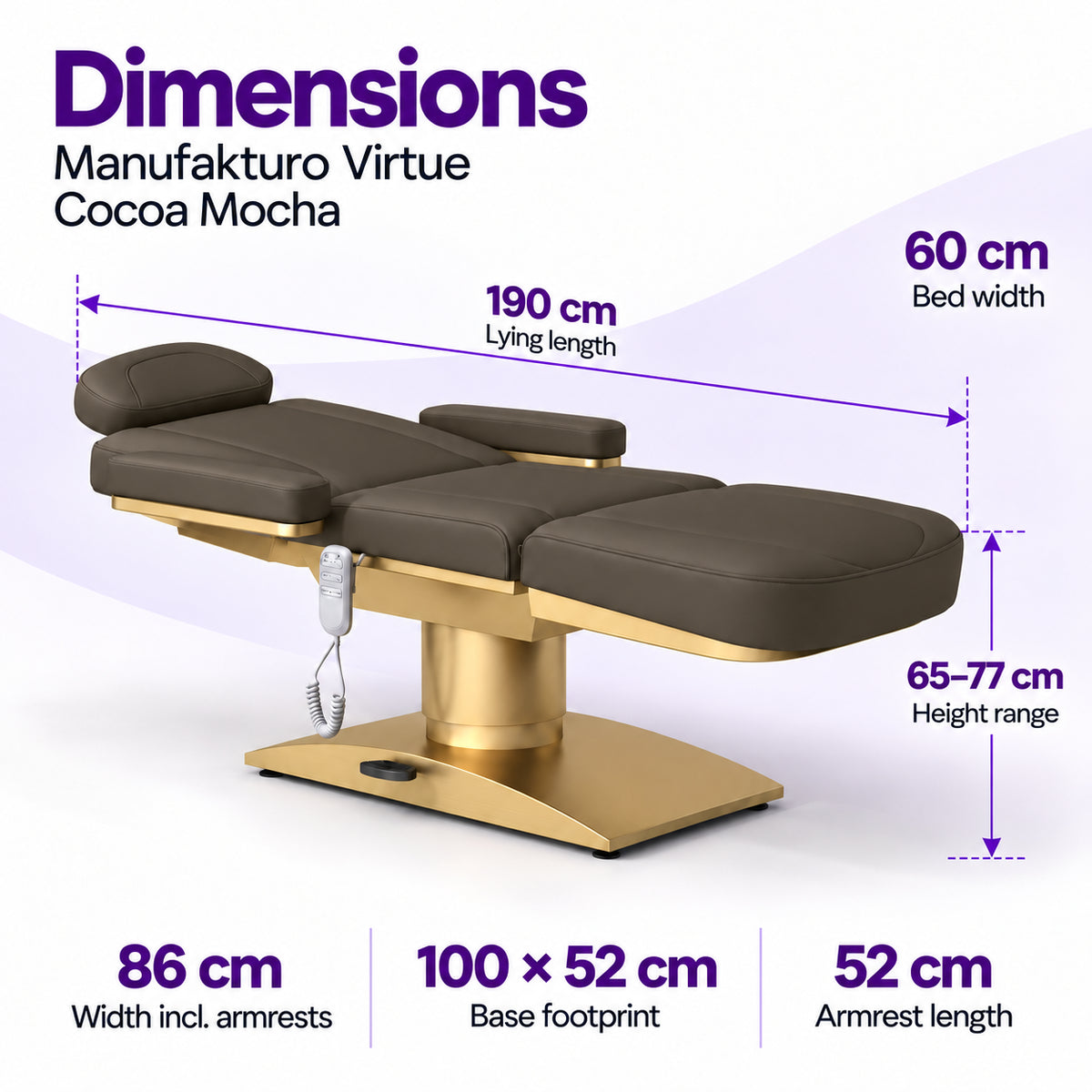 Manufakturo Virtue Cocoa Mocha beauty bed dimensions: 190 cm lying length, 60 cm bed width, 65-77 cm height range, 86 cm width including armrests, 100 x 52 cm base footprint and 52 cm armrest length.