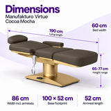 Manufakturo Virtue Cocoa Mocha beauty bed dimensions: 190 cm lying length, 60 cm bed width, 65-77 cm height range, 86 cm width including armrests, 100 x 52 cm base footprint and 52 cm armrest length.