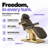 Manufakturo Virtue Cocoa Mocha electric beauty bed with 3 electric motors for height, backrest and leg rest adjustment, 360-degree rotation with a foot-operated lock, hand-held control and 300 kg maximum load.