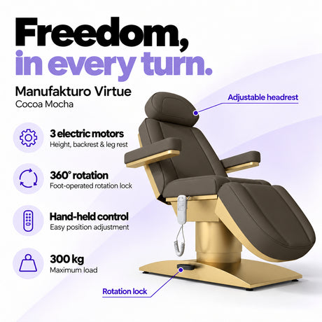 Manufakturo Virtue Cocoa Mocha electric beauty bed with 3 electric motors for height, backrest and leg rest adjustment, 360-degree rotation with a foot-operated lock, hand-held control and 300 kg maximum load.