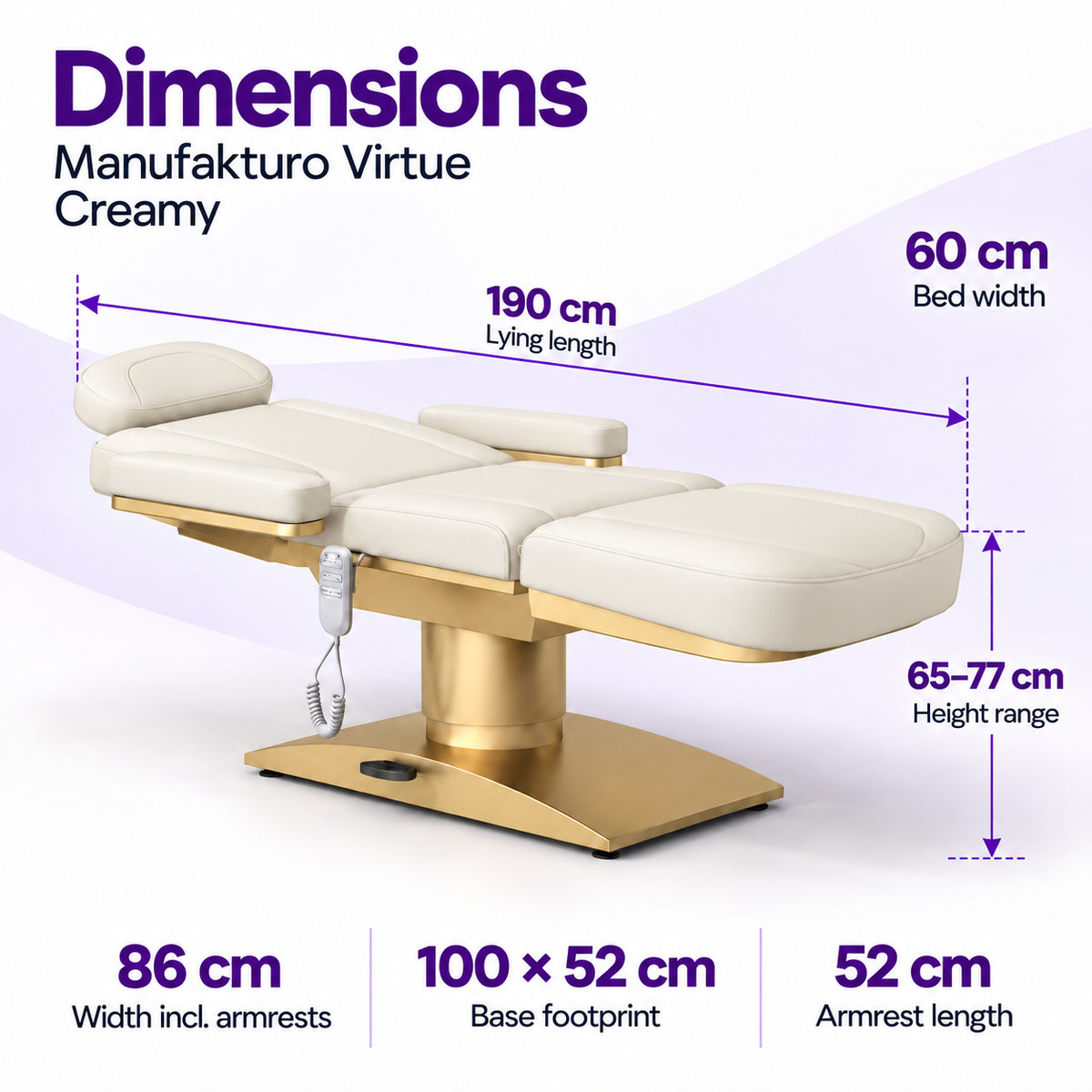 Manufakturo Virtue Creamy beauty bed dimensions: 190 cm lying length, 60 cm bed width, 65-77 cm height range, 86 cm width including armrests, 100 x 52 cm base footprint and 52 cm armrest length.