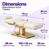 Manufakturo Virtue Creamy beauty bed dimensions: 190 cm lying length, 60 cm bed width, 65-77 cm height range, 86 cm width including armrests, 100 x 52 cm base footprint and 52 cm armrest length.