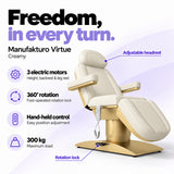 Manufakturo Virtue Creamy electric beauty bed with 3 electric motors for height, backrest and leg rest adjustment, 360-degree rotation with a foot-operated lock, hand-held control and 300 kg maximum load.