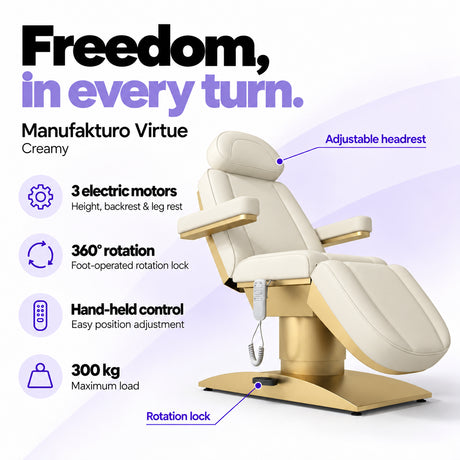 Manufakturo Virtue Creamy electric beauty bed with 3 electric motors for height, backrest and leg rest adjustment, 360-degree rotation with a foot-operated lock, hand-held control and 300 kg maximum load.