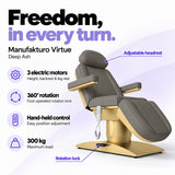 Manufakturo Virtue Deep Ash electric beauty bed with 3 electric motors for height, backrest and leg rest adjustment, 360-degree rotation with a foot-operated lock, hand-held control and 300 kg maximum load.