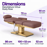 Manufakturo Virtue Dusty Rose beauty bed dimensions: 190 cm lying length, 60 cm bed width, 65-77 cm height range, 86 cm width including armrests, 100 x 52 cm base footprint and 52 cm armrest length.