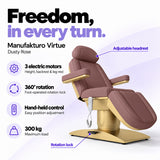 Manufakturo Virtue Dusty Rose electric beauty bed with 3 electric motors for height, backrest and leg rest adjustment, 360-degree rotation with a foot-operated lock, hand-held control and 300 kg maximum load.